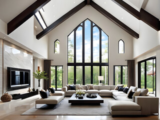 Captivating View of Modern Living Room with Vaulted Cathedral Ceiling