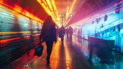 Commuters Silhouettes in Subway Station with Colorful Light Trails