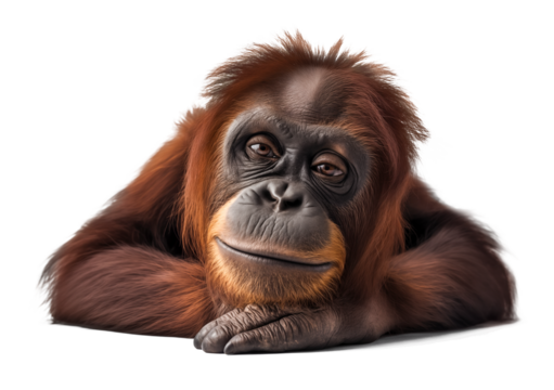 Portrait of Asian orangutan isolated on white transparent background, png