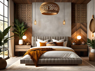 Boho Bedroom Haven - Wood & Concrete Meld in Free-Spirited Modern Style
