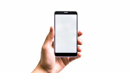 A male hand holds a smartphone mockup with a white screen, offering ample space for customizable text or graphics. Perfect for presentations.