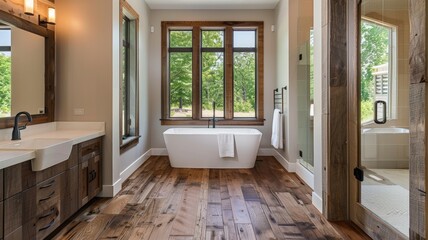 Farmhouse Bathroom with Hardwood Floor