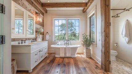 Farmhouse Bathroom with Hardwood Floor