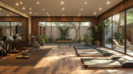 Modern Gym with Treadmills and Large Windows