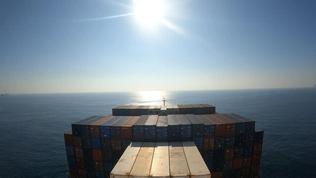 Manzanillo, Mexico - 24.05.2023 Timelapse of container ship depart from the port Manzanillo Container Terminal to the open sea with big quantity of containers on board.