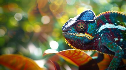 A chameleon blends seamlessly into the vibrant colors of a tropical forest, showcasing its remarkable camouflage ability.
