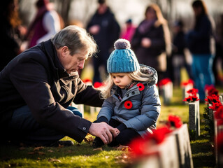 "A solemn Remembrance Day ceremony with people paying tribute and laying wreaths at a memorial."