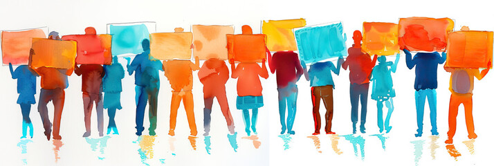 Colorful watercolor painting of a protest march. Young people are fighting for human rights, gender equality and against climate change.