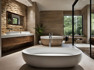 A modern bathroom with a distinctive touch featuring a sandstone wall as a prominent design