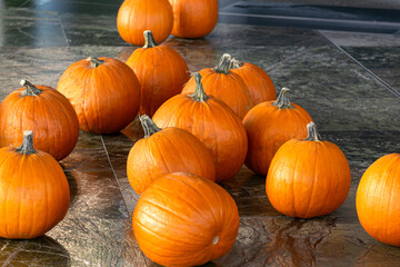 Beautiful orange pumpkins decorate the street for the holiday.