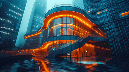 modern buildings in capital city with light reflection from puddles on street. Concept for night life, never sleep business district center  - obrazy, fototapety, plakaty