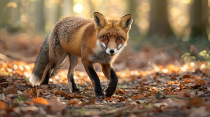 Fototapeta premium A red fox navigates through a European woodland, its sleek form moving gracefully among the trees and underbrush. 