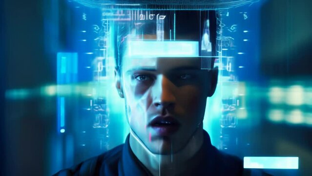 Young Man with digital code overlay on face. Concept of augmented reality, data analysis, biometrics. Blue colors. Motion