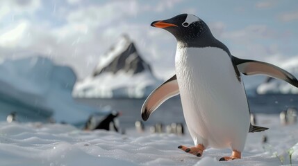 Obraz premium Amidst the vast expanse of snow and ice, a penguin waddles with grace and agility across the Antarctic landscape, a symbol of resilience and adaptability in the harsh environment. 