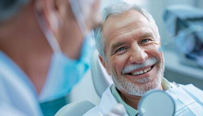 Dentistry a satisfied patient looks in mirror at his teeth. Copy space image. Place for adding text