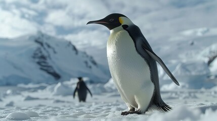 A penguin waddles with adorable determination across the snowy expanse of the Antarctic landscape, its playful antics a charming spectacle against the icy backdrop.
