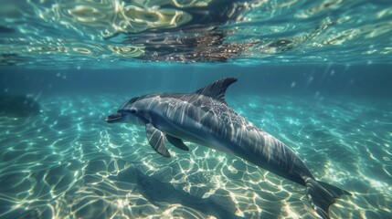 Obraz premium Amidst the transparent ocean, a dolphin glides gracefully, its streamlined body reflecting the sunlight. 