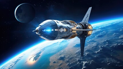 Naklejka premium Spaceship for Futuristic Space Tourism around Earth and Moon - 3D Rendering with Elements