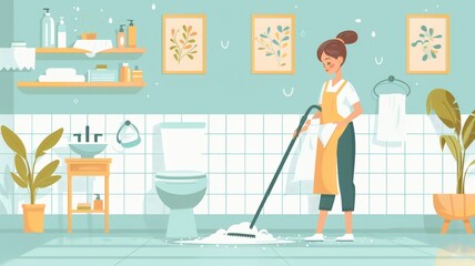 Illustration of Woman Cleaning Bathroom