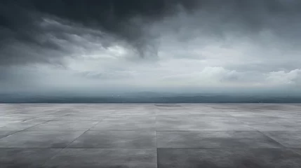Fotobehang Stormy Gray Sky and Concrete Floor. Dark Background with Dramatic Empty Horizon and Scenery of Grey © Web