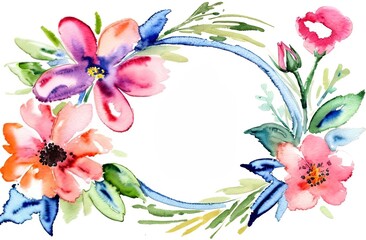 Watercolor flowers for postcard, decorative wreath of leaves.