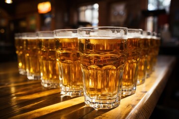 A row of glasses filled with beer arranged neatly on a wooden table