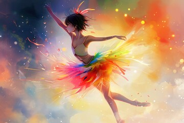 a painting of a anime ballerina in a colourful tutu - obrazy, fototapety, plakaty