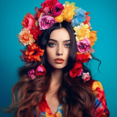 Naklejka premium Floral Fantasy: A Striking Portrait of a Woman Adorned with a Colorful Headdress Against a Vivid Blue Backdrop ,Vibrant Woman with Floral Headdress on Blue Background