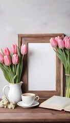 Fototapeta na wymiar Blank picture frame mockup. Wooden bench, table composition with cup of coffee, old books. Spring bouquet of pink tulips, white daffodils. Hawthorn, guelder rose flowers. 