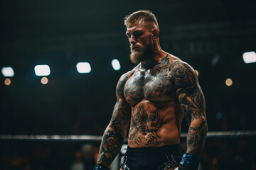 Male MMA Fighter in Ring with Tattoos