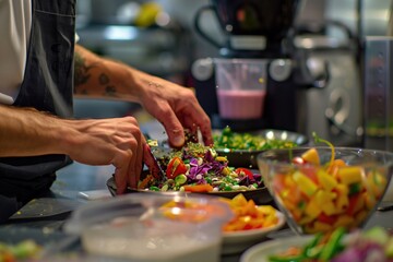 Obraz na płótnie Canvas A chef with tattooed arms carefully adds the finishing touches to a vibrant salad, highlighting the colorful ingredients and culinary passion in a bustling kitchen environment