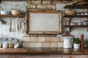 Obraz na płótnie Canvas An inviting corner of a vintage-style kitchen featuring an empty canvas frame surrounded by classic cooking utensils and ingredients, creating a nostalgic and cozy culinary atmosphere