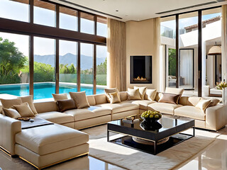 Interior of a modern living room with a fireplace and sofas with swimming pool background