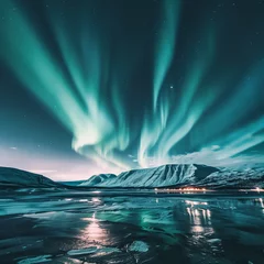 Foto auf Acrylglas Majestic Aurora Borealis Over Snowy Mountain Landscape © HustlePlayground