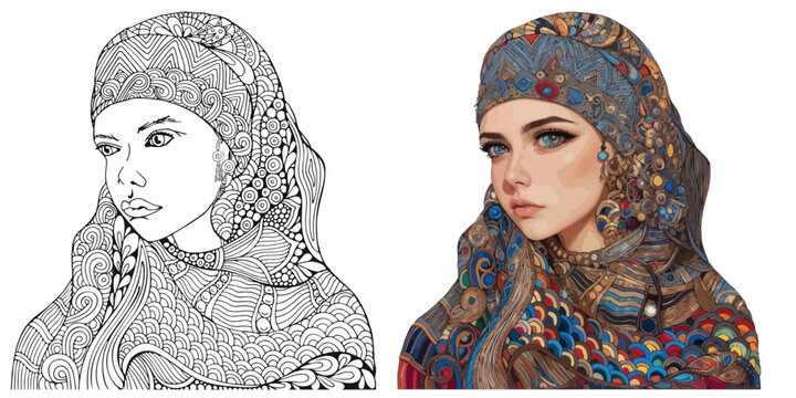 Arabic muslim woman. Hijab. Coloring book page for adult. Black and white Hand drawn picture and coloring illustration. Sketch. Vector illustration. Zentangle style.