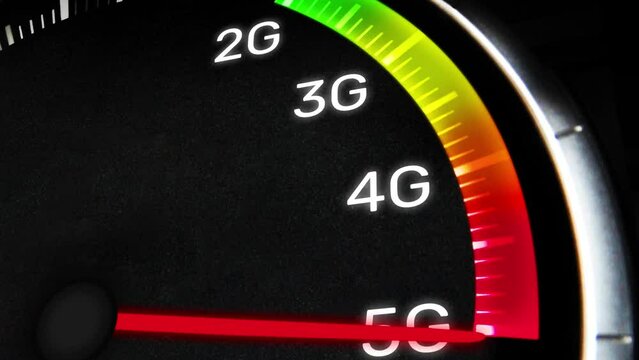 Internet Speed From Low 2G to High 5G with a Red Needle moving on the speedometer. New Internet speed technology 4K Video