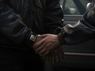 Two People Holding Hands in Front of Police Car. Generative AI.