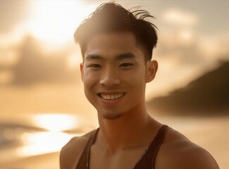 Asian smiling model on the beach
