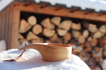 Coffee copp in snow, picnic in winter.  Hiking in Sweden, traveling i Östersund. Walking in the woods. 