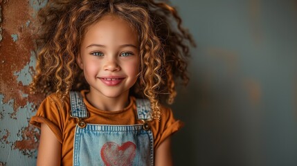 Mała dziewczynka z kędzierzawymi włosami i ogrodniczkach z sercem, uśmiecha się do kamery