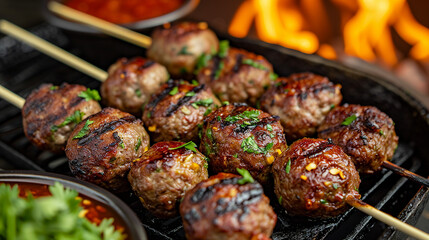 Turkish Köfte - Grilled Meatballs on Skewers Delight Photo - obrazy, fototapety, plakaty
