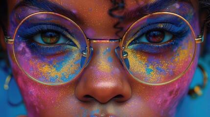 Bliskie zdjęcie czarnej osoby noszącej okulary ze złotymi obramówkami i neonowo brokatowym makijażem - obrazy, fototapety, plakaty