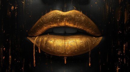 Złote usta pokryte kapaniem złotej farby. - obrazy, fototapety, plakaty