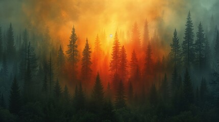 Na obrazie przedstawiony jest las wypełniony wieloma drzewami i pomarańczowym światłem przebijającym się przez mgłę