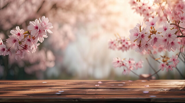 Spring Flowers Background with Empty Wooden Table