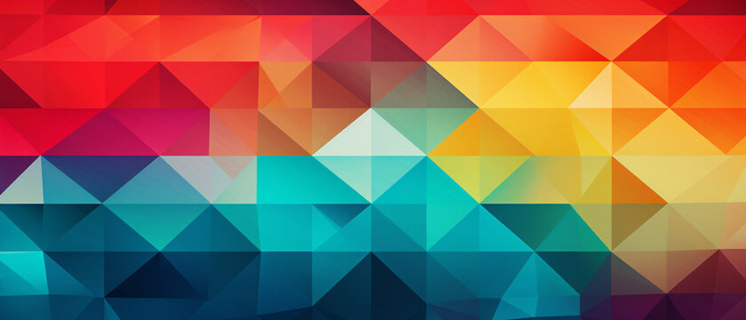 An energetic and colorful abstract pattern consisting of geometric shapes graces the image.