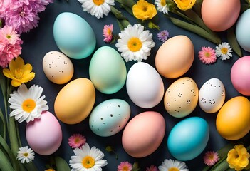 Fototapeta na wymiar Easter with a harmonious arrangement of multi-colored eggs and delicate blooms