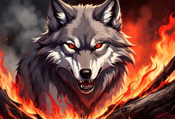 A wolf with bloody eyes gazing in blazing fire background