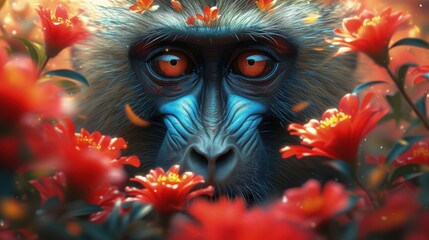 Małpa otoczona czerwonymi kwiatami w dżungli. - obrazy, fototapety, plakaty