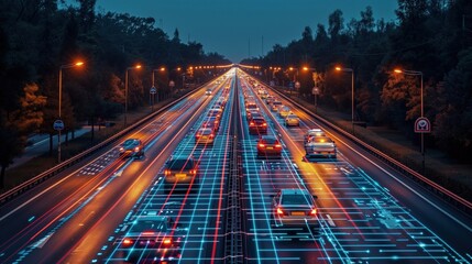 Foto przedstawia analizę ruchu  pojazdów na autostradzie w nocy - obrazy, fototapety, plakaty